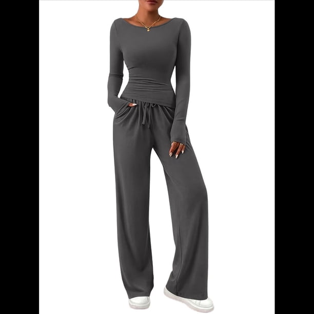 Conjuntos de Dos Piezas para Mujer: Camiseta Asimétrica de Larga, Pantalones Anchos y Chándal Informal. Gris Oscuro L