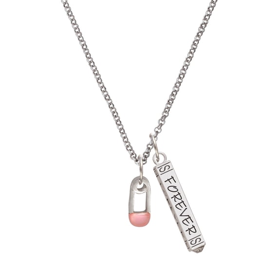 Delight Jewelry Silvertone Pink Baby Safety Pin Silvertone Forever Bar Charm Necklace, 23"