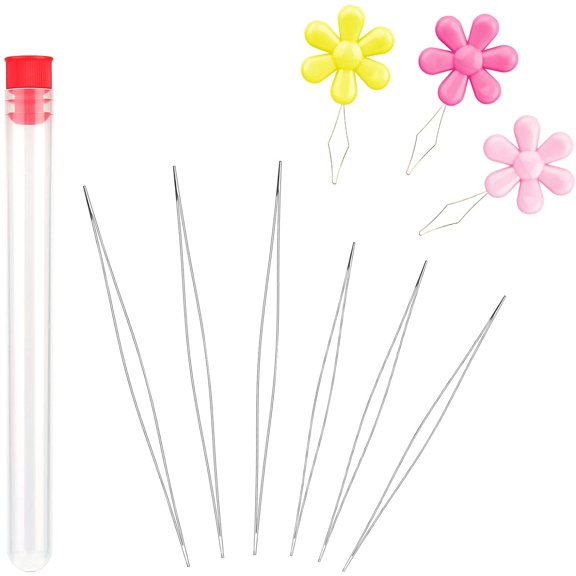 6 Pieces Big Eye Beading Needles, 2 Sizes Long Straight Beading Embroidery Needles with Needle Bottle, Threader for Jewelry Making (1.77inch+2.28inch)