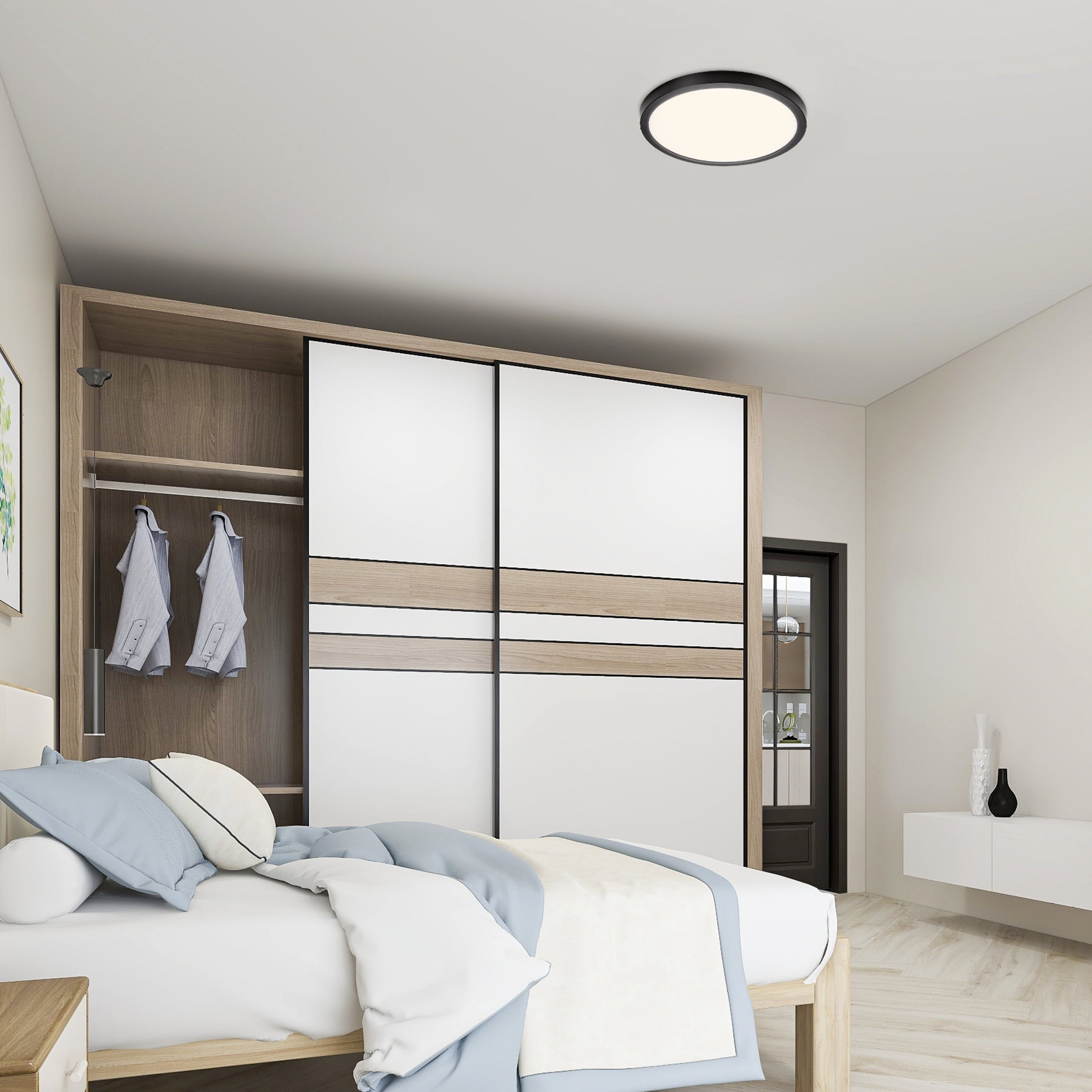 Maxxima 14 in. LED Flush Mount Ceiling Light, 5 CCT 2700K-5000K, 2400 Lumens, Traditional Indoor Black Trim Round Panel Light, Dimmable