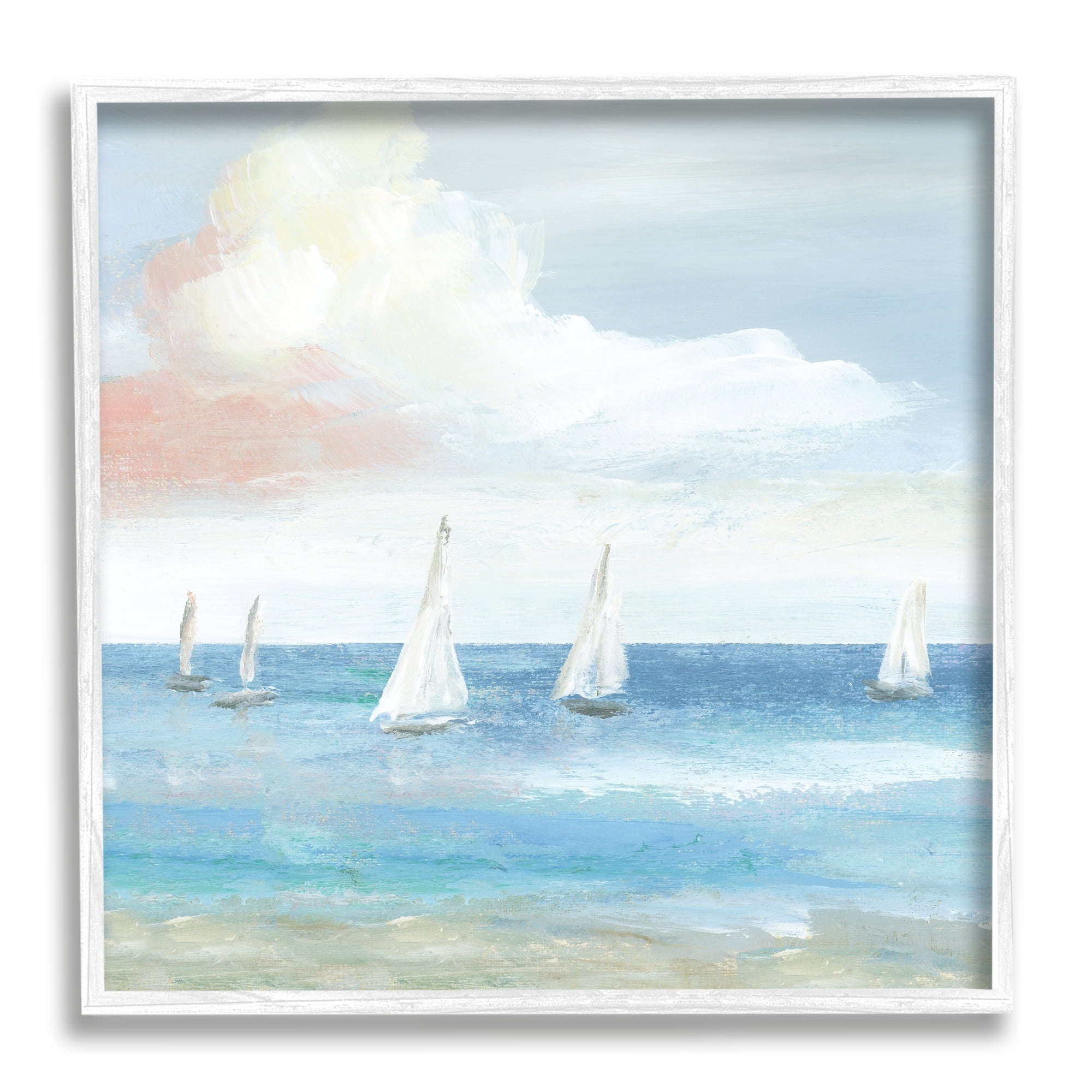Stupell Industries Quiet Sailboats Ocean Water Waves Puffy Clouds Painting White Framed Art Print Wall Art, Design by Nan