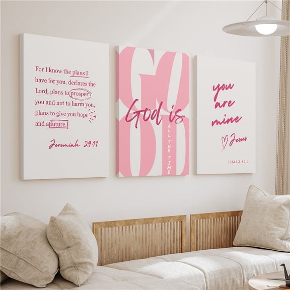 3pcs Trendy Pink Girly Christian God Is Good All The Time Wooden Framed Canvas Painting, Wall Art, Living Room Decoration Bedroom Home Decor, Bedroom Artwork, Modern Wall Painting, Girly Aesthetic,