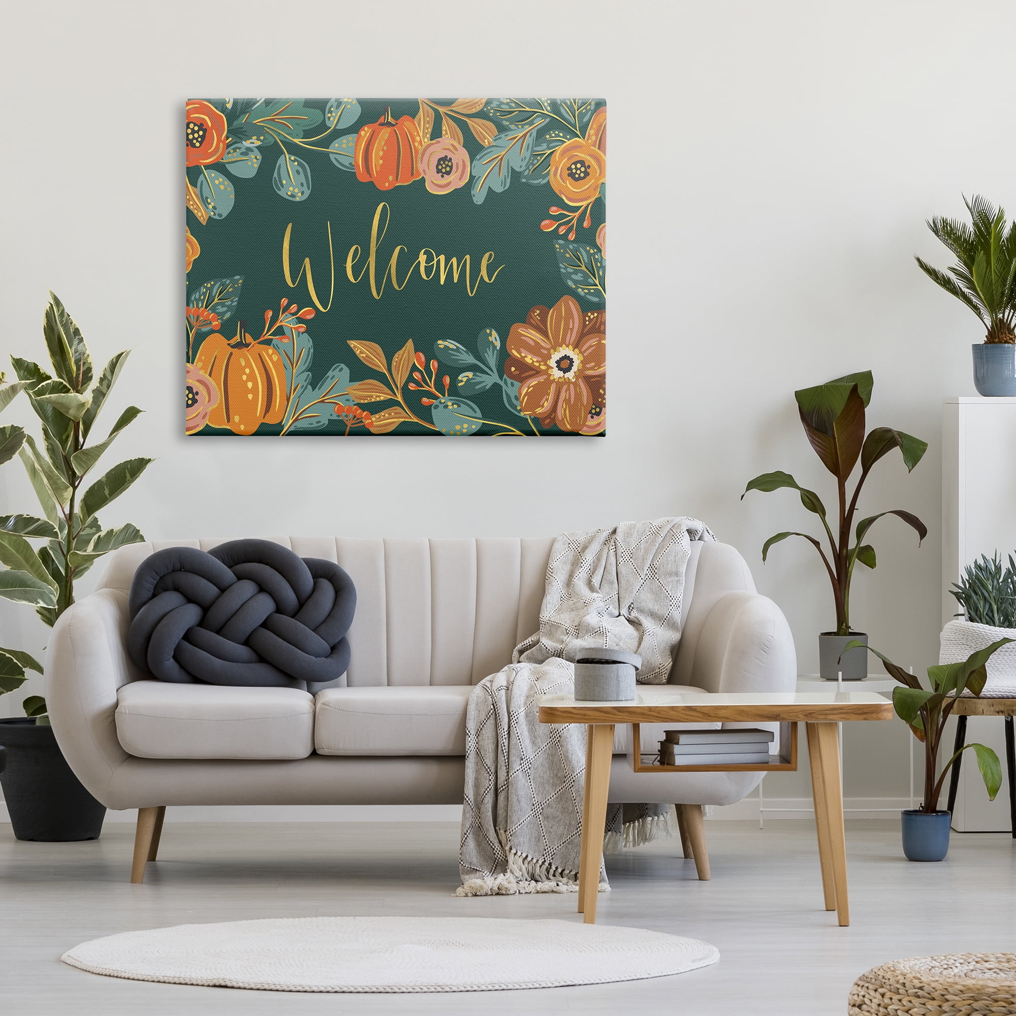 Stupell Home Décor Pumpkin Floral Harvest Welcome Sign Green Orange, 36 x 48, Designed by Caroline Alfreds
