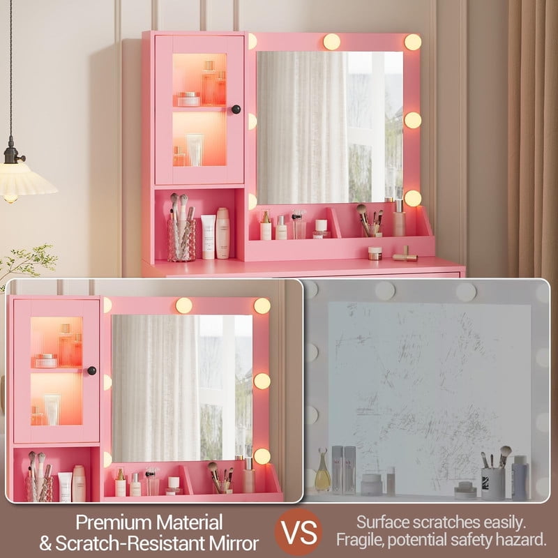 TROPOW Vanity Desk with Mirror and Lights Elegant Makeup Vanity Table with Drawers & Cabinets, Storage, Sturdy MDF Top, Adjustable Brightness Bulbs, Built-in Power Outlet & USB Ports,Pink