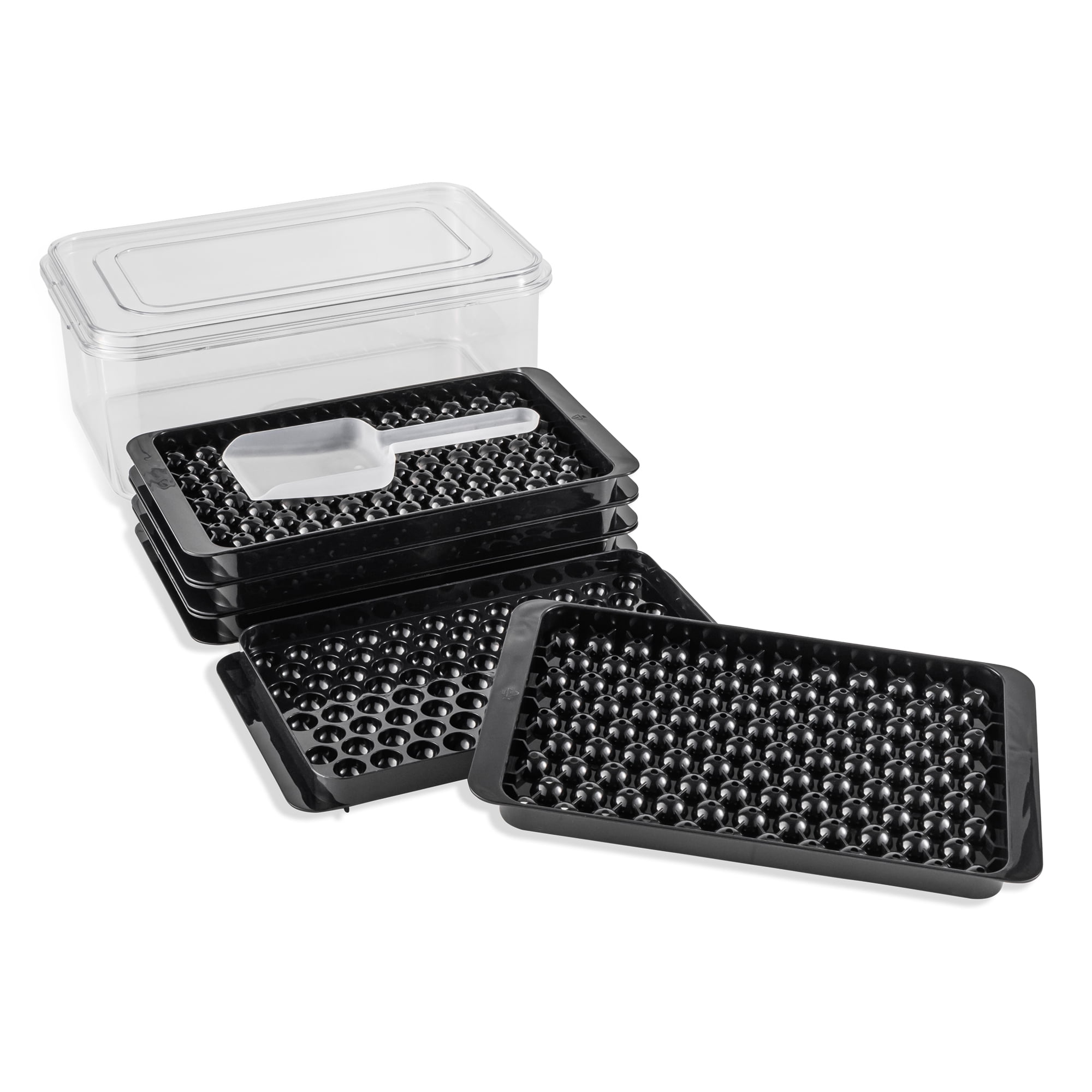 (2 pack) Thyme, Ice Cube Tray, & Table New Ice Tray Mold Set with Scoop, Black, convenient for portable cold storage.