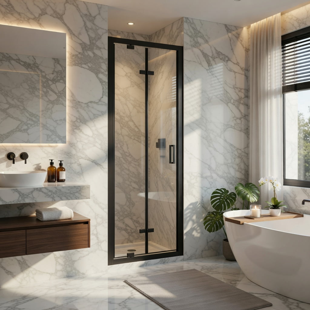Hommoo Framed Bi-Fold Pivot Shower Door, Space-Saving Folding Enclosure with 6mm Tempered Glass, Stainless Steel Handle & Reversible Installation, Black & Transparent