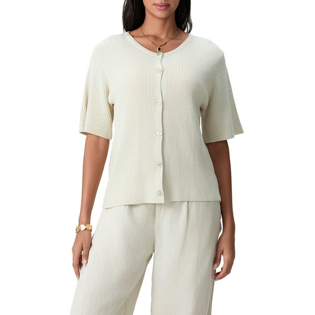 Gupgi Knitted Crop Cardigan for Women Short Sleeve Button Down Sweater Solid Color Ribbed Tops