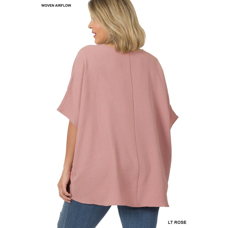 Zenana Women & Plus V Neck Woven Airflow Dolman Short Sleeve Blouse Top  with Front Pocket