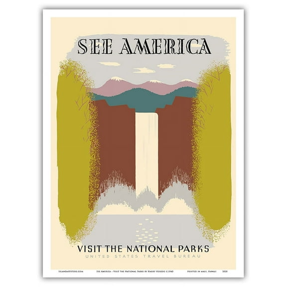 See America - Visit the National Parks - Waterfall - Vintage Travel Poster by Harry Herzog c.1940 - Master Art Print (Unframed) 9in x 12in