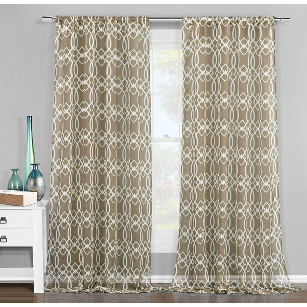 Pair of Textured Sheer Window Curtain Panels for Living Room: Taupe ...