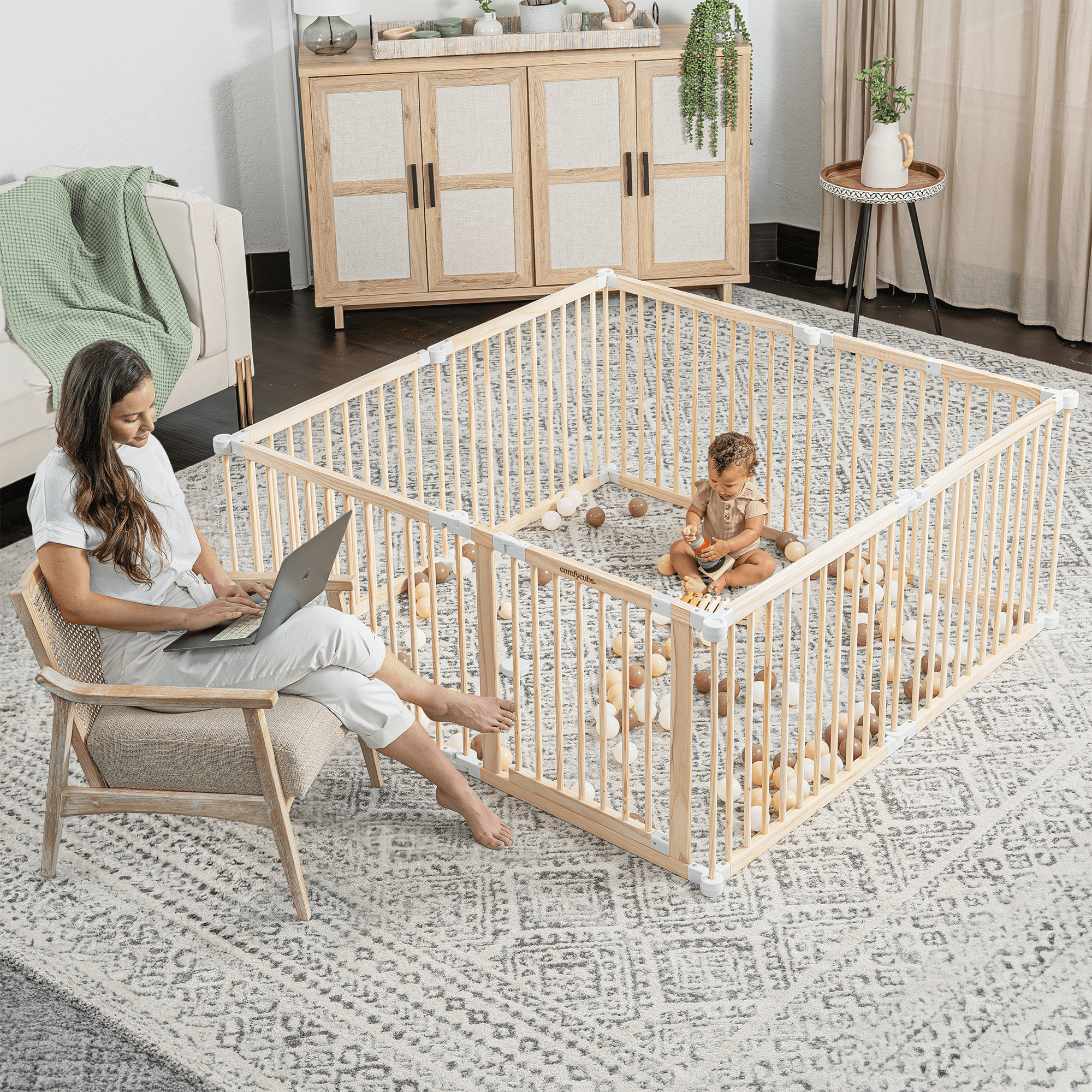 Comfy Cubs Baby Playpen & Baby Gate for Toddler & Babies, Foldable Wooden Large Adjustable Playard