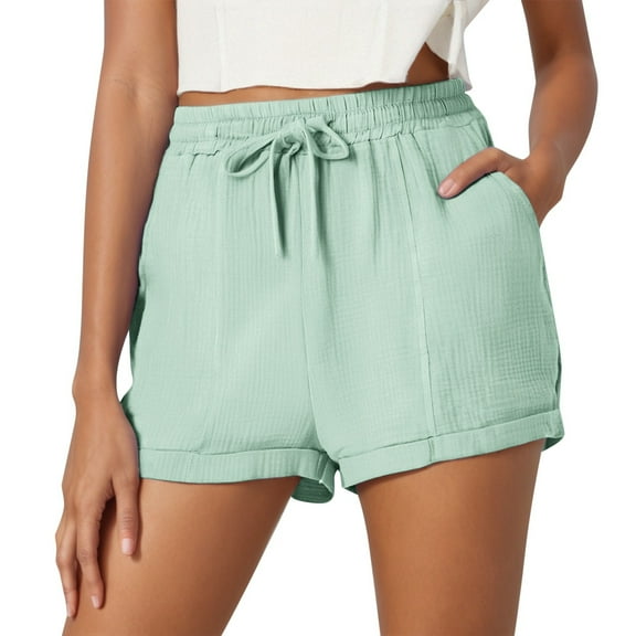 VNKIDY Classic Women Shorts Solid Color Casual Drawstring Pocket Stylish Plain Weave Summer Autumn Beach Shorts