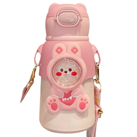 

Hariumiu 520ml/18oz Kid Water Bottle Cartoon Straw Thermal Water Bottle Stainless Steel Insulated Cup with Shoulder Straps for School Home