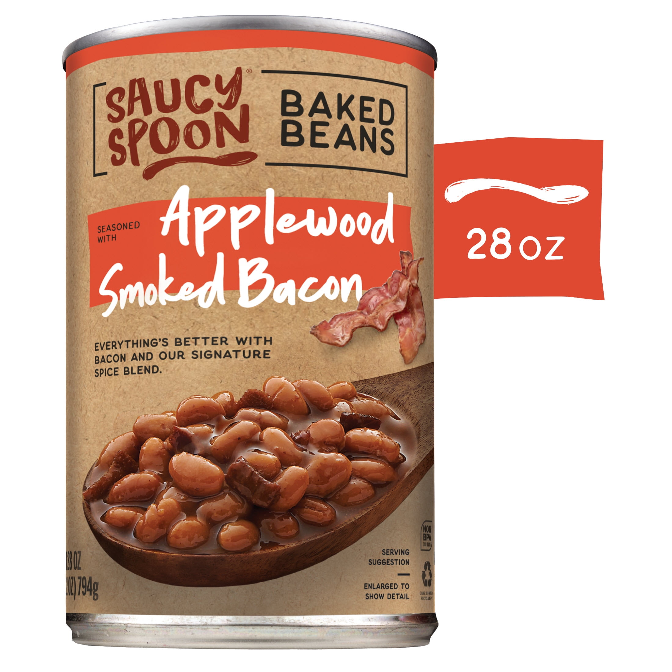(5 pack) Saucy Spoon Applewood Smoked Bacon Baked Beans, Canned Beans, 28 oz Can