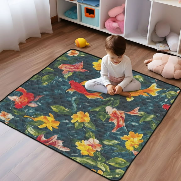 WOBOGO Colorful Goldfish with Yellow Flowers Baby Playmats Extra Large Waterproof Rollable Activity Pads for Toddlers 50×50inch