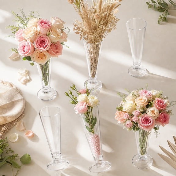 6 Pcs Clear Plastic Vases, Elegant Trumpet Shaped Flower Vases for Table Centerpiece, Tapered Vase Decorations for Wedding, Birthday, Summer Party and Home Decor