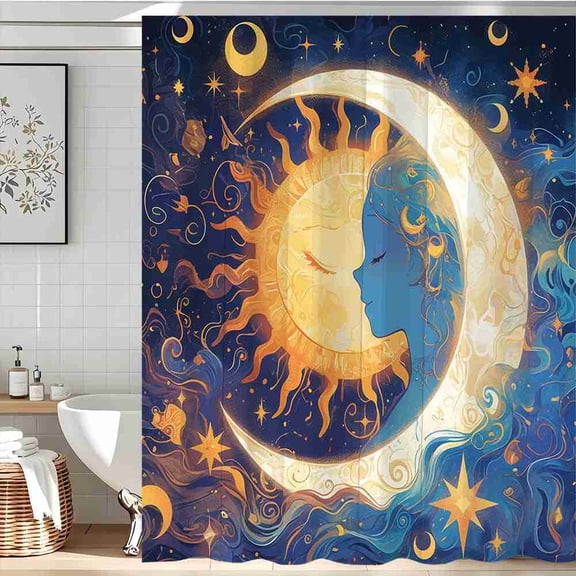 70x70 inch Celestial Gold and Blue Sun and Moon Face Shower Curtain, Waterproof Polyester Fabric with Hooks for Bathroom Decor