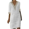 thumbnail image 2 of Meichang Linen Dresses for Women 2024 Lace V Neck 3/4 Sleeve Knee Length Dresses Solid Casual Loose Summer Dresses Lightweight Comfy Work Dresses Midi Dresses White XL, 2 of 5