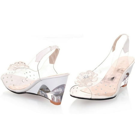 

Studded Flower Design Transparent Sandals Peep Toe Heels Sandals Wedding Party Shoes For Women New