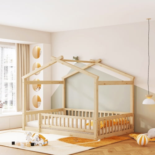 Tamaño completo cama de madera casa cama marco con cerca, para niños, adolescentes, niñas, niños