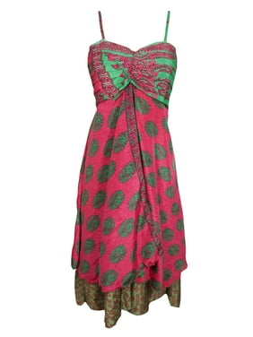 Mogul Women Green,Pink Vintage Recycled Sari Printed Sundress Layered Spaghetti Strap Beach Summer Dresses S/M