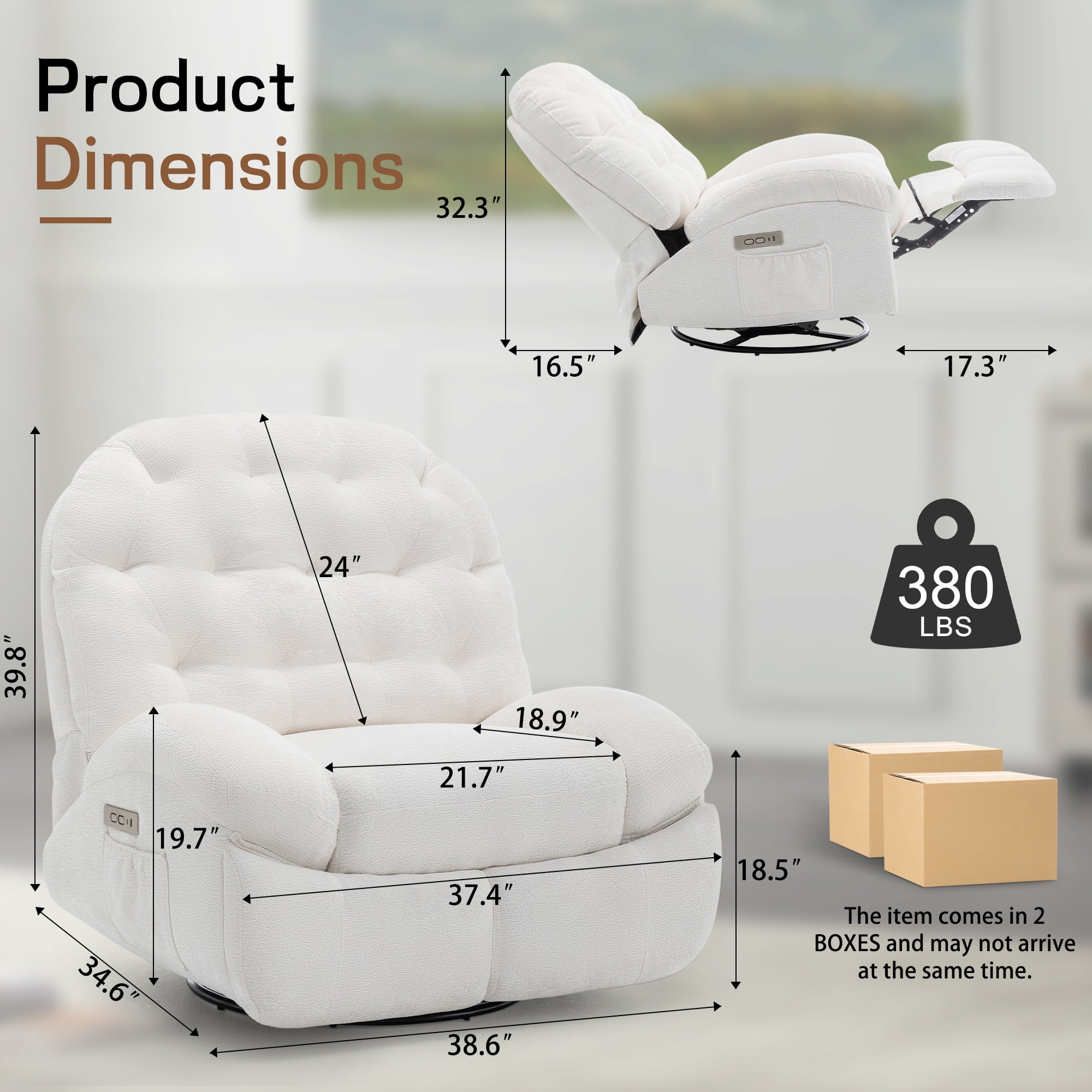 Korser Power Swivel Rocker Recliner Chair with USB Ports Chenille for Living Room,Beige