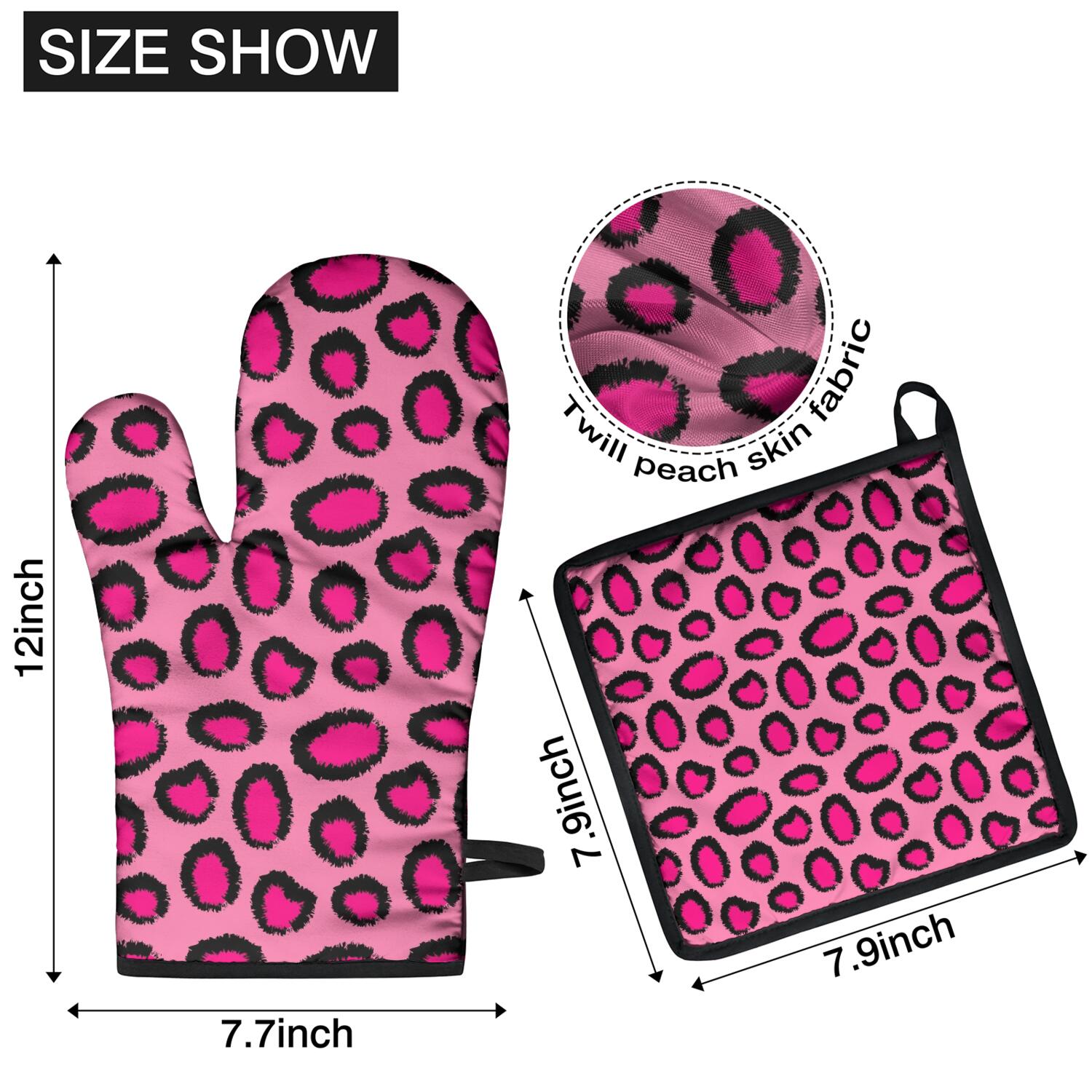 Leopard Print Oven Mitts and Pot Holders Set Of 4, Heat Resistant Kitchen Gloves with Non-Slip Grip, Hanging Loop, Soft Cotton Lining for Baking, Cooking, Grilling, Barbecue