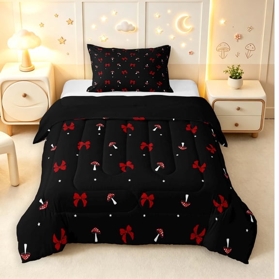 Homewish Cartoon Plant Mushrooms Twin Comforter Sets,Cute Bowtie Bedding Set,Red Black,Black Reversible,2pcs,1 Comforter and 1 Pillowcase