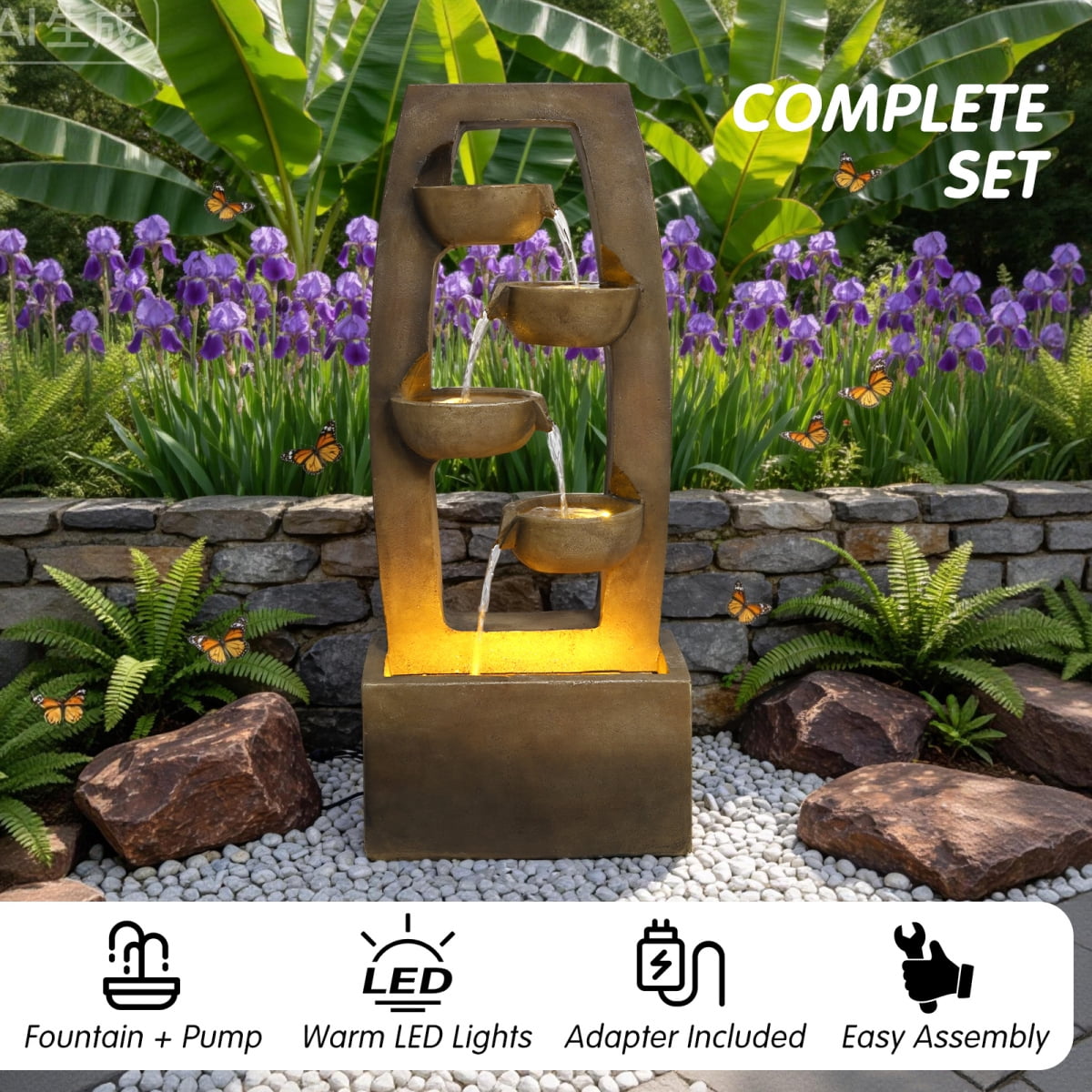 37.6" 4-Tier Modern Cascading Water Fountain with Warm LED Lights, Outdoor Floor-Standing Waterfall Fountain for Patio, Garden & Backyard Decor