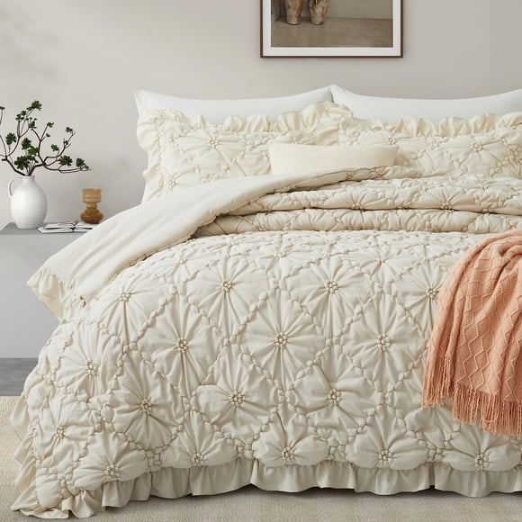 Juego de edredón BEDAZZLED, tamaño queen, beige, plisado, 3 piezas