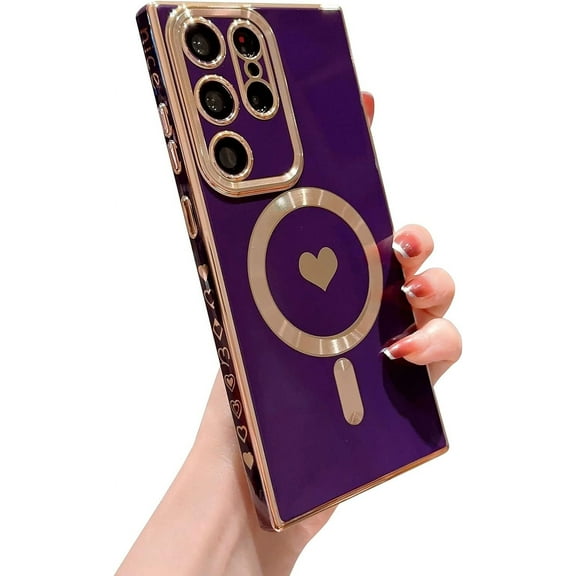 Magnetic Phone Case for Samsung Galaxy S22 Ultra 5g [Compatible with MagSafe] Luxury Plating Cute Heart Pattern Soft Silicone Protective Shockproof Cover for Galaxy S22 Ultra 6.8” (Purple)
