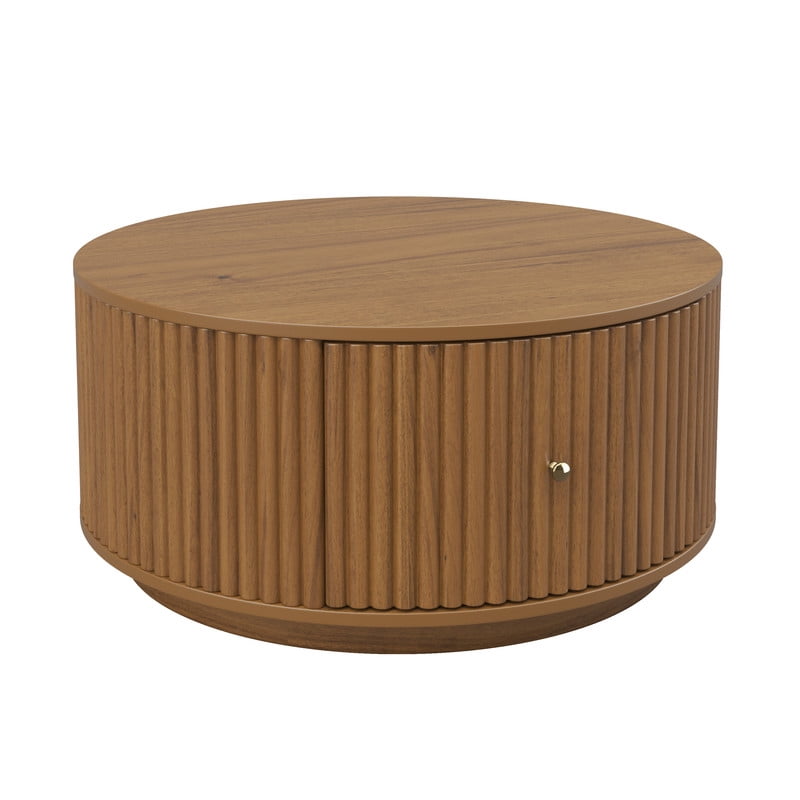 30.3'' Round Fluted Design Coffee Table with Dual Hidden Storage Drawers, Drum Base Center Cocktail Table