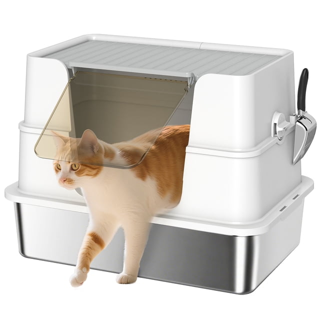 PawHut XL Stainless Steel Litter Box with Lid, Covered Cat Litter Box