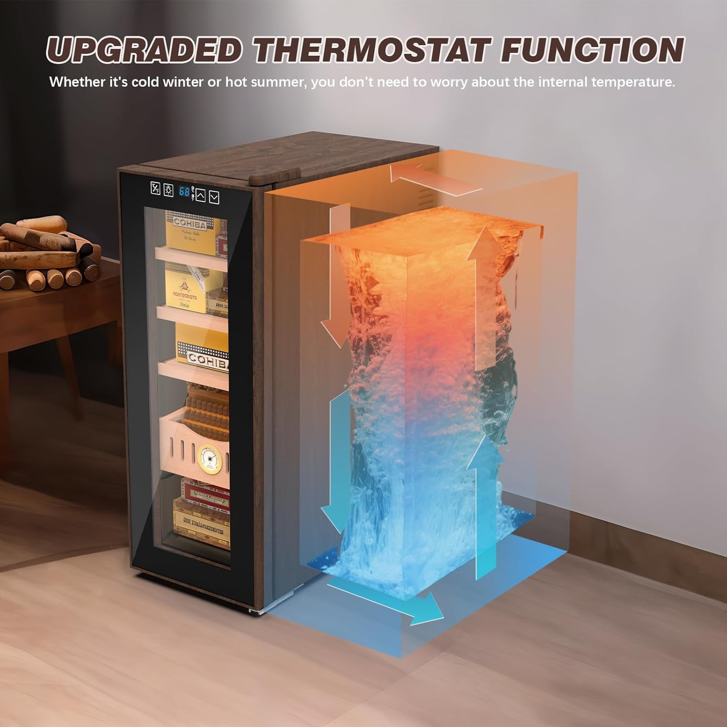 35L Dual-Zone Thermostatic Cabinet & Beverage Cooler - Cooling & Heating Electric Fridge with Wood Grain Finish, Built-in Hygrometer - Ideal Gift for Men, Wine, Cigar, and Skincare Storage