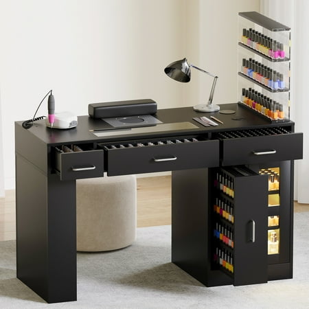 Advwin Manicure Table Nail Tech Desk with Glass Top Drawer LED Lights Dust Collector Wireless Charging Movable Shelves Acetone-Resistant Salon Workstation Black