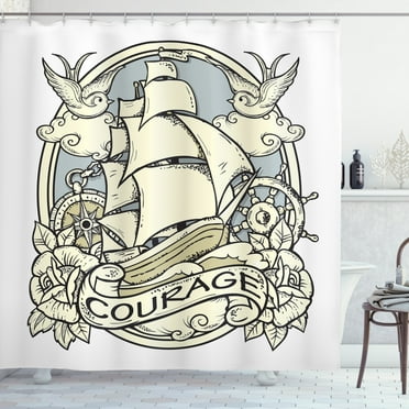 Vintage Boat Shower Curtain, Courage Theme with Old Ornamental Ship with Roses Birds Anchor Windrose, Fabric Bathroom Set with Hooks, 69W X 84L Inches Extra Long, Beige and Grey, by Ambesonne