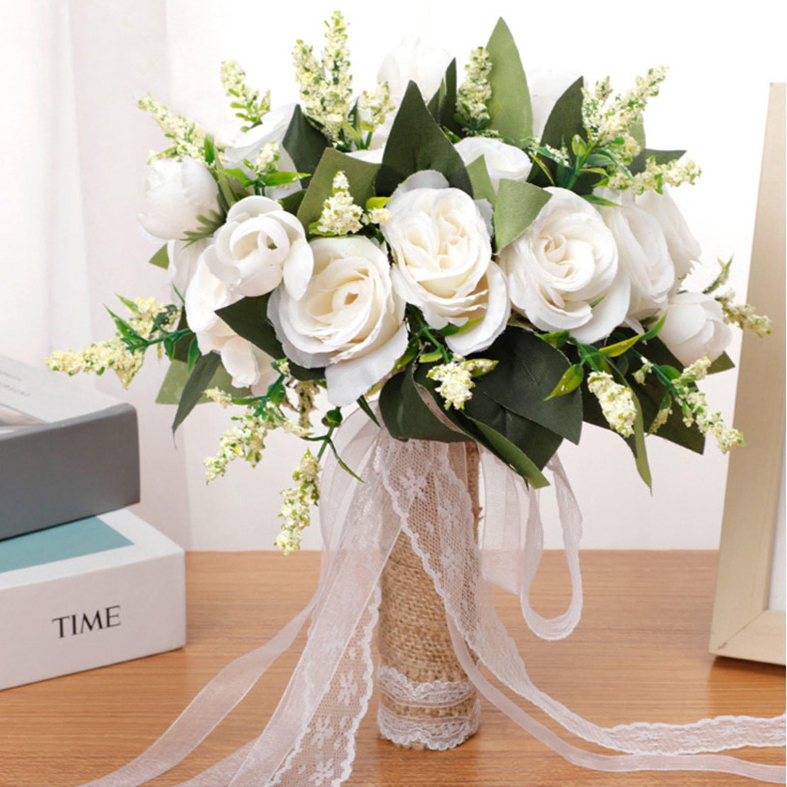 YAHHU Modern Elegant Milky White Handheld Flower Bouquet – Lifelike Artificial Bridal Decor for Weddings, Photography & Gifts
