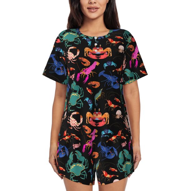Fotbe Animals Under Water Conjunto de Pijama Estampado para Mujer, 2 Piezas, Ropa de Dormir con Camiseta de Manga Corta y Shorts Suaves-Small