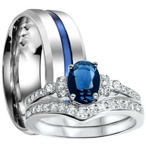 His Hers Sterling Blue Sapphire CZ Bridal Wedding Band Engagement Ring Set Him Her Thin Blue Line 11/10