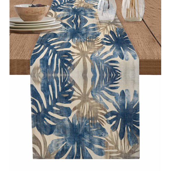 Hokiten Table Runners 48 Inches Long Dress Scarves, Blue Brown Palm Leaf Farmhouse Kitchen/Dining Table Runner, Short Coffee Tablerunners, Summer Farmhouse Botanical 13x48 Inch
