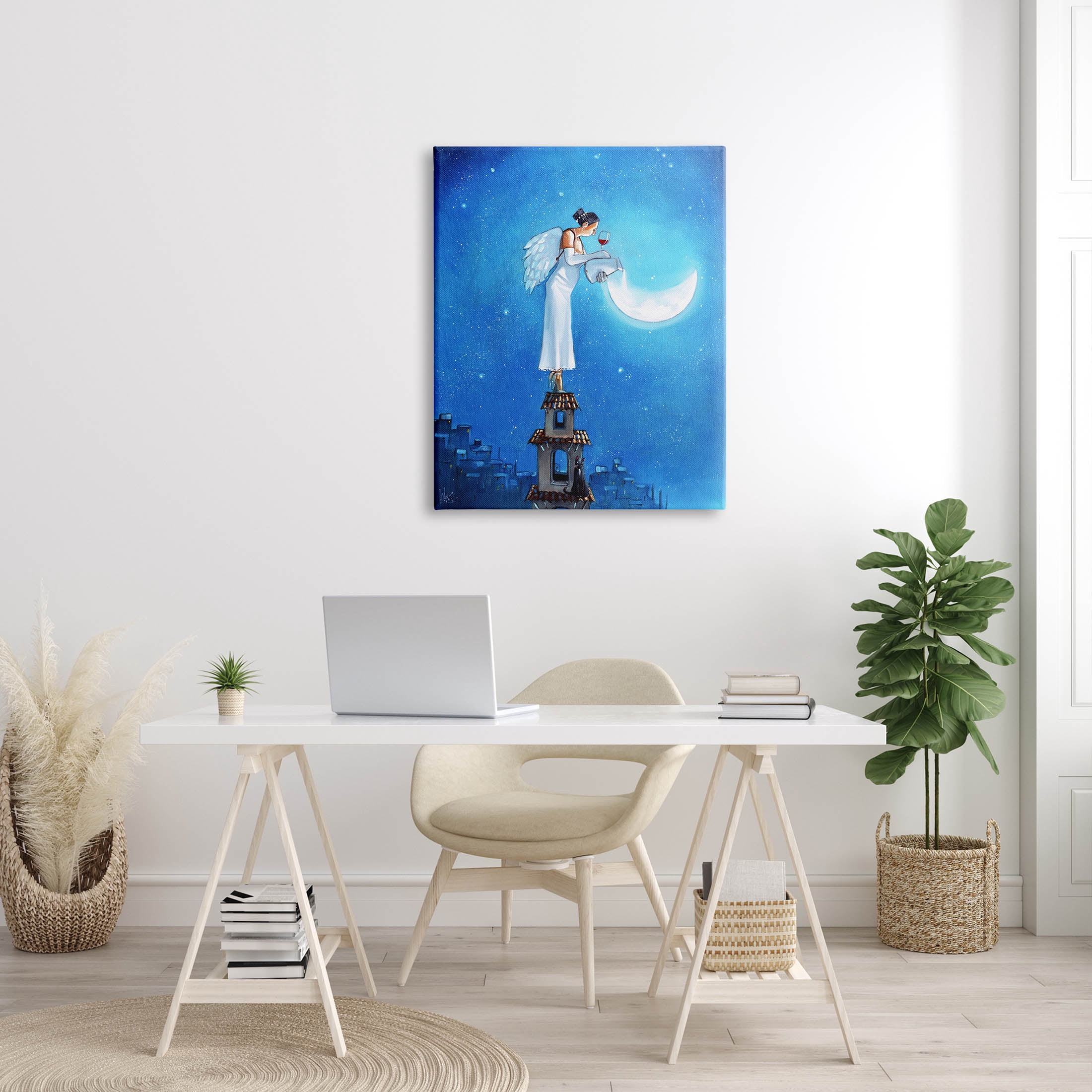 Angel Pouring Moon Cityscape Landscape Painting Gallery Wrapped Canvas Print Wall Art