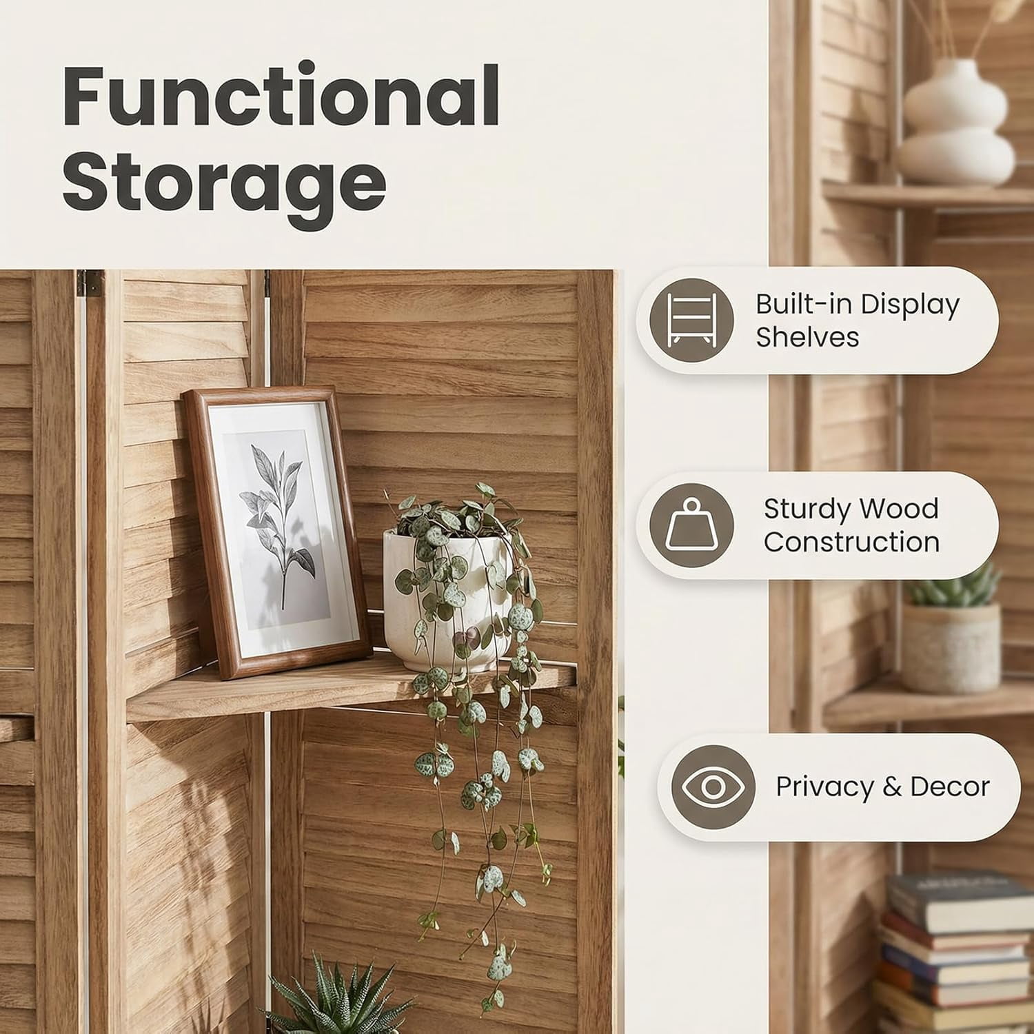 4 Panel Bamboo Room Divider with Shelves, Lightweight Privacy Screen for Bedroom Home Office, No Assembly Required