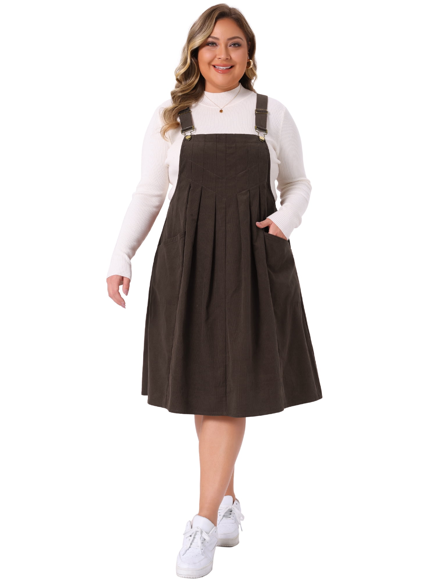 DARING DIVA Women's Plus Corduroy Pinafore Dress Pleated Skirt 2X Dark Brown