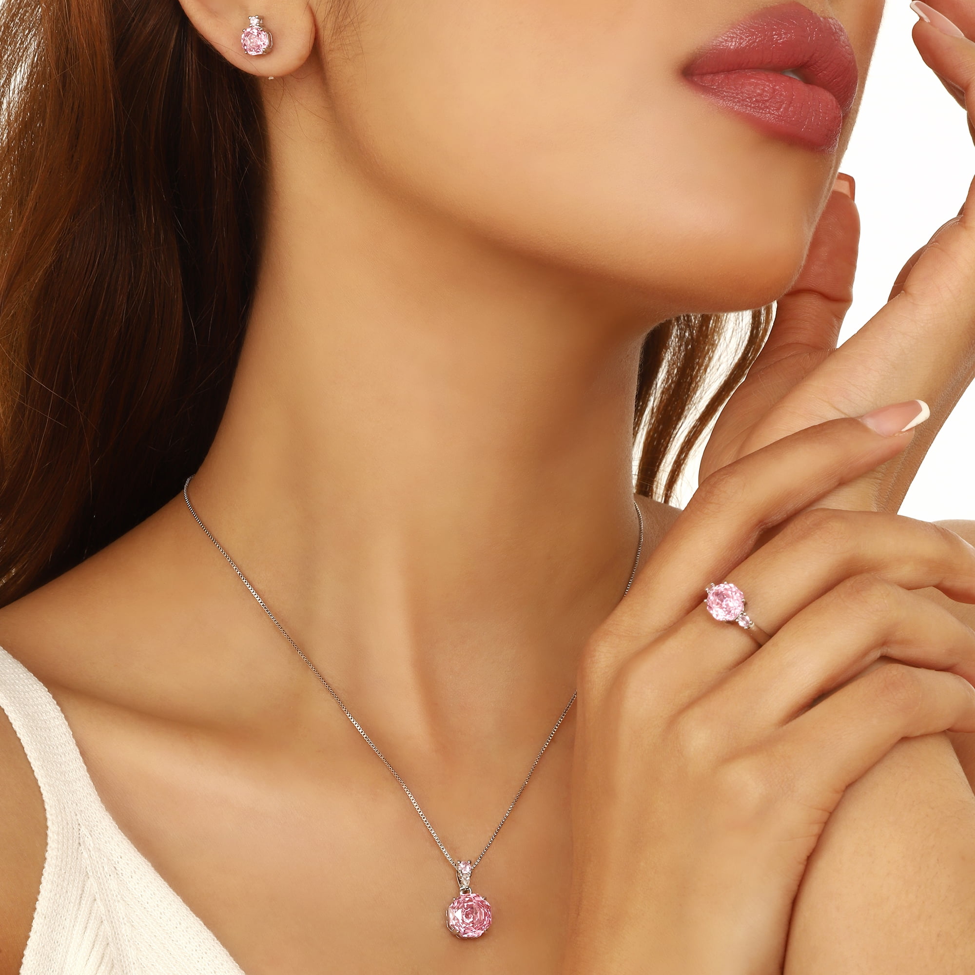 Ydou Rose Jewelry Set - 18K White Gold Plated Rose Cut Cubic Zirconia Flower Necklace/Earrings/Ring Set Anniversary Birthday Jewelry Gift for Women