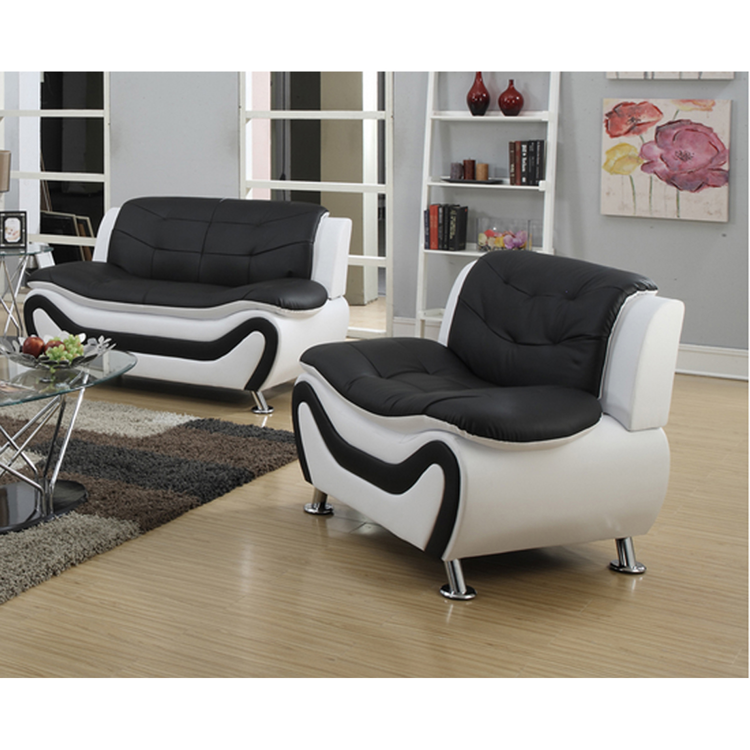 Frady Black and White Faux Leather Modern Living Room Loveseat and Chair Set  Walmart.com