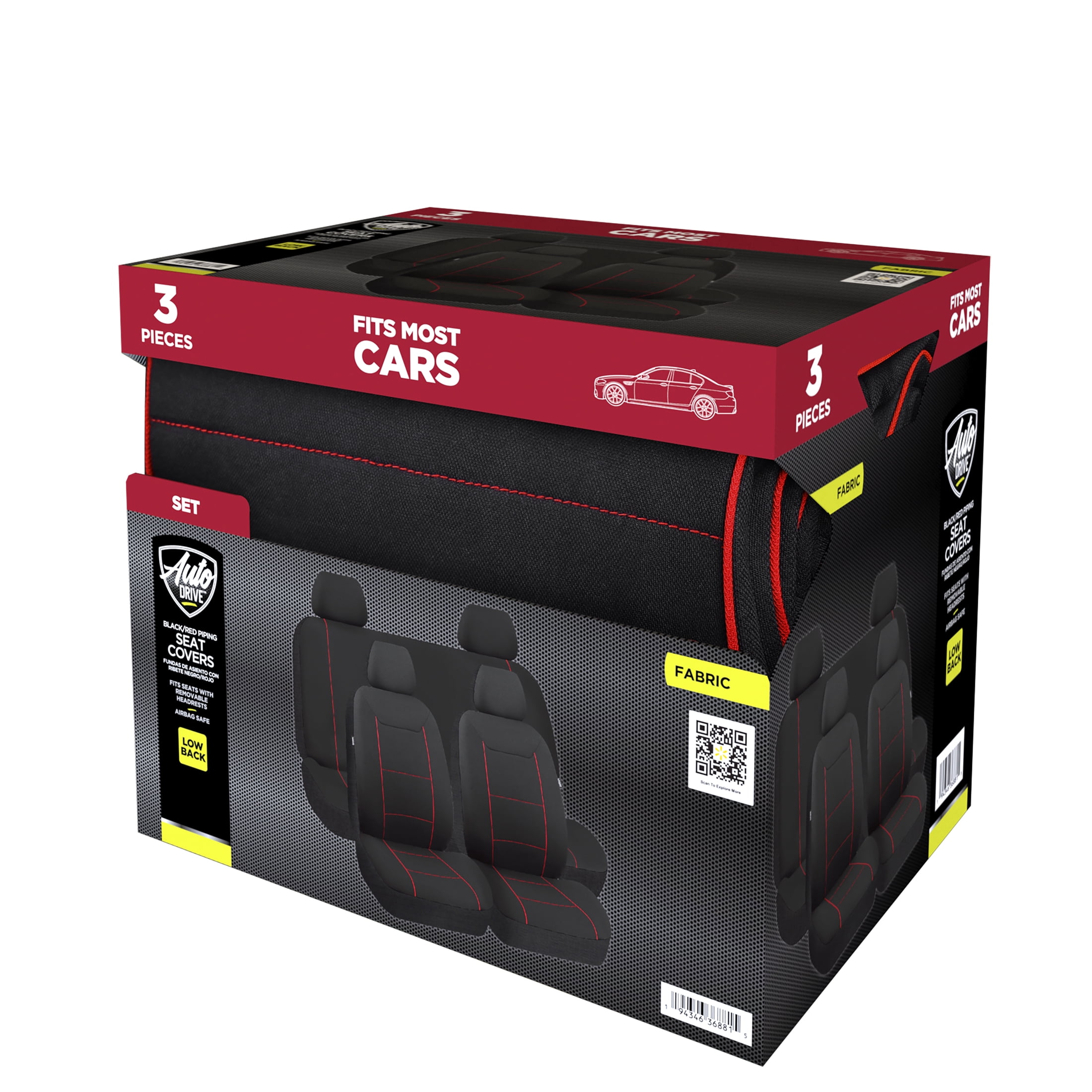 Auto Drive Red Piping with black Fabric Full Set Car Seat Covers,Front and Rear Split Bench,Universal Fit for Cars Trucks and SUVs