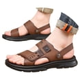 thumbnail image 1 of Dakaela Mens Sandals Summer Beach Slippers Leather Slip on Flip Flops Shoes with Back Strap Brown 8, 1 of 7