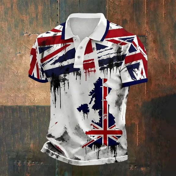 EliteGoogv Men Soccer Jersey Soccer Fans Polo Shirt UK Flag Short Sleeve Button Down Top For Men Casual Summer Football Shirt White 4XL