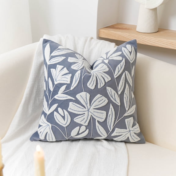 BlissBlush Blue Velvet Decorative Throw Pillow Cover 20X20, Flower Tufted Soft Farmhouse Textured Pillowcase, Accent Pillowcase for Couch Sofa Bed Living Room