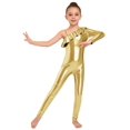 thumbnail image 2 of inlzdz Kids Girls Shiny Metallic Unitard Ruffle One Shoulder Full Body Jumpsuit Performance Dancewear Gold 12, 2 of 5